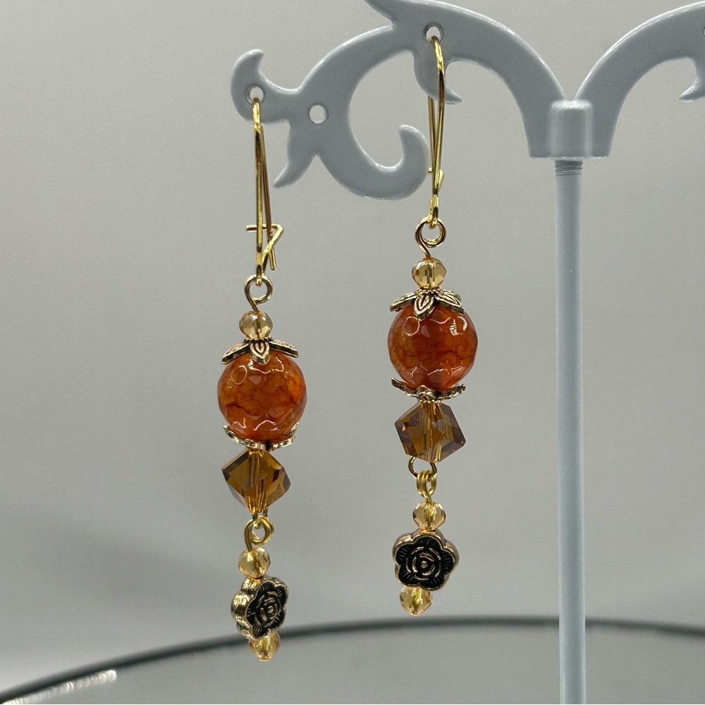 Dyed Agate & Crystal Gold and Orange Dangle Earrings